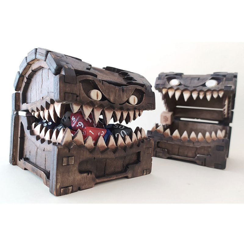 Dice Tower Wooden - ダンジョンズ&ドラゴンズ用模倣チェスト タワートレイ 木製エッチングダイス ポータブル 折りたたみ式 テロモンスタークラフト